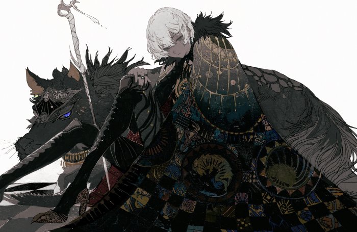 White-Haired Anime Character with a Giant Black Wolf