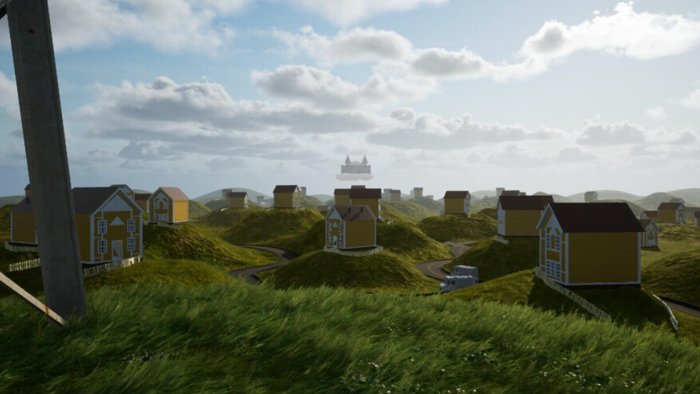 Dreamcore Landscape with Yellow Houses on Grassy Hills