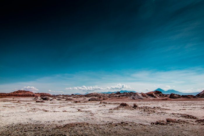 Atacama Desert landscape with salt flats and mountains