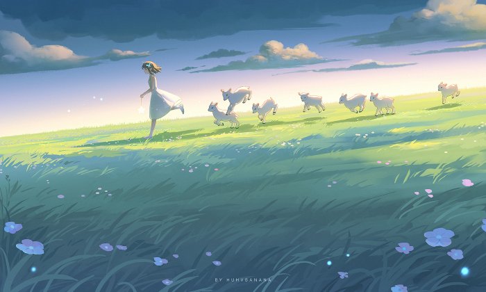 Anime girl running with lambs on a grassy hill