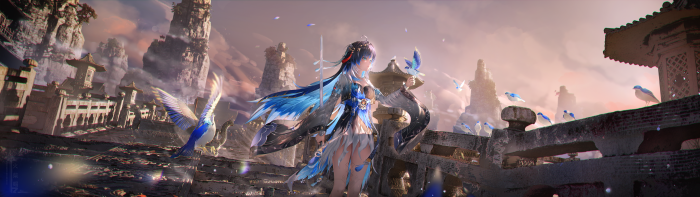 Anime girl with blue hair and sword holding a bird
