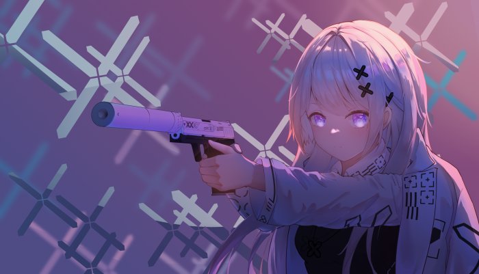 Original anime girl aiming a suppressed handgun