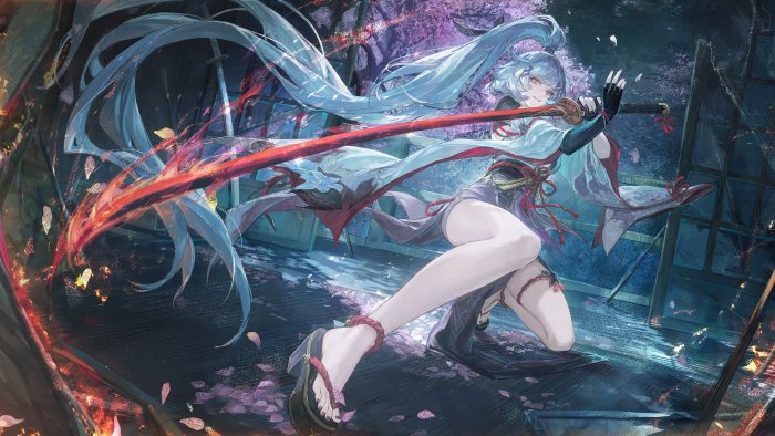 Anime Girl with Blue Ponytail Wielding Red Katana