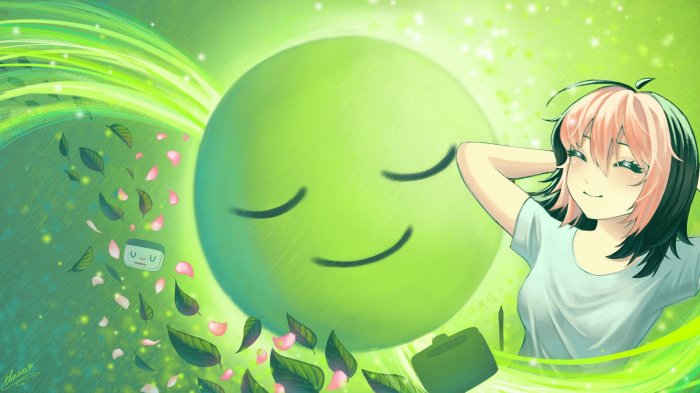 Smiling Anime Girl with Green Sphere and Drawing Tablet