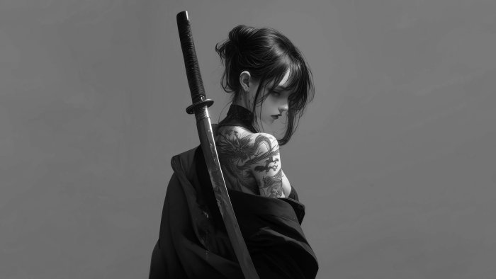 Monochrome digital art of a tattooed woman with a katana