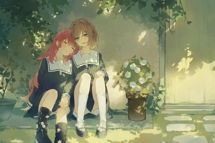 Two anime girls in sailor uniforms sitting together