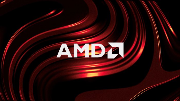 White AMD Logo on Wavy Red Metallic Surface