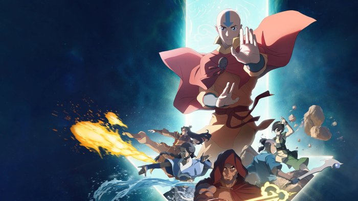 Adult Aang and Team Avatar in Avatar Aang: The Last Airbender