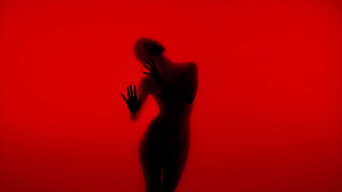 Silhouette of a woman behind a red screen
