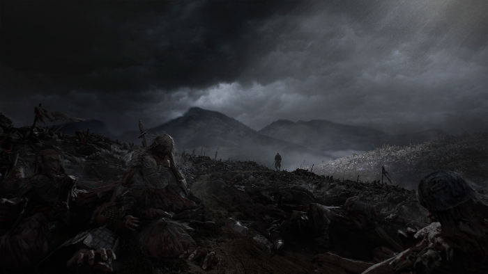 Lone warrior on a dark battlefield of fallen soldiers