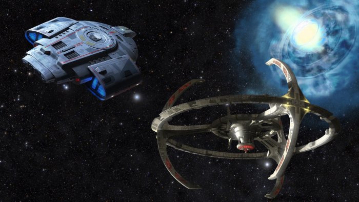 USS Defiant and Deep Space Nine Station in Star Trek