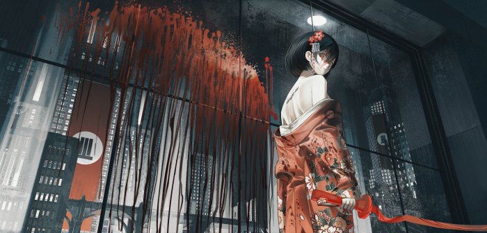 Anime Girl Karuna-001 in Kimono with Blood Splatter