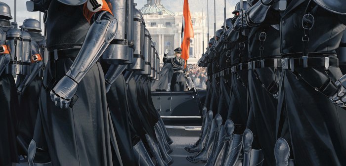 Sci-Fi Military Parade with Armored Soldiers and Commander