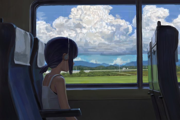 Anime girl with headphones looking out train window