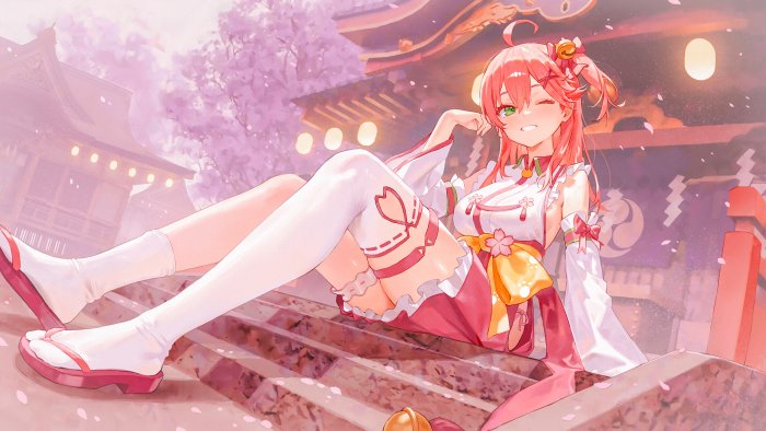 Sakura Miko from Hololive Sitting on Shrine Steps