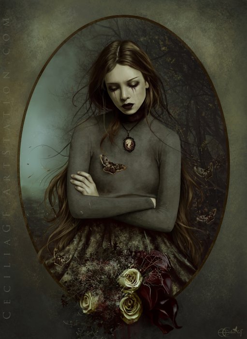 Mourning Gothic Woman with Moths and Flowers