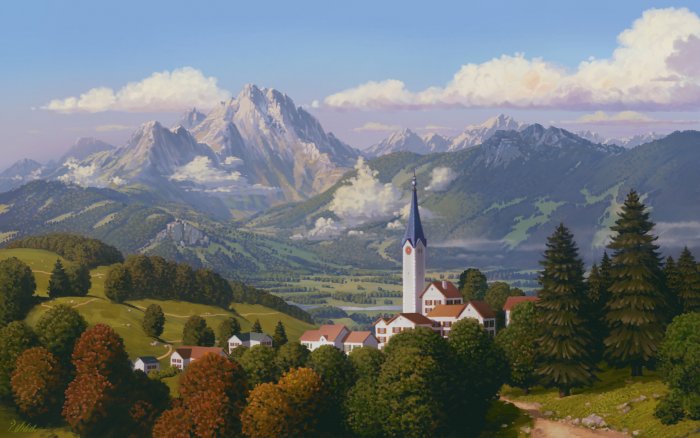 Scenic alpine village with church and snow-capped mountains