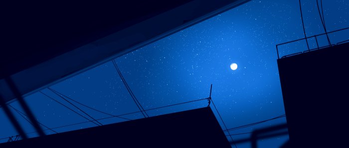 Minimalist Night Sky with Moon and Rooftop Silhouettes