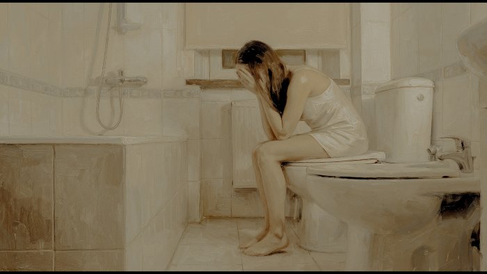 Oil Painting of a Sad Woman in a Bathroom