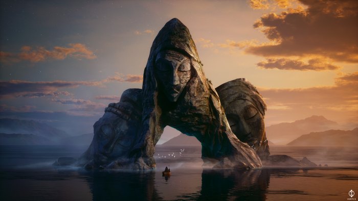 Three giant stone faces forming an arch over water