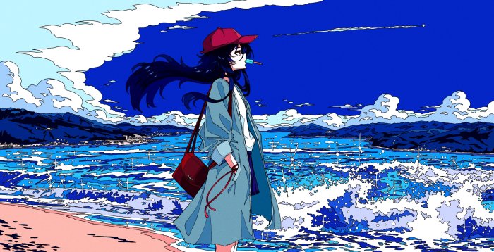 Anime Girl with Red Cap on a Blue Beach