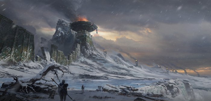 Snowy Mountain Pass with Burning Beacon Towers