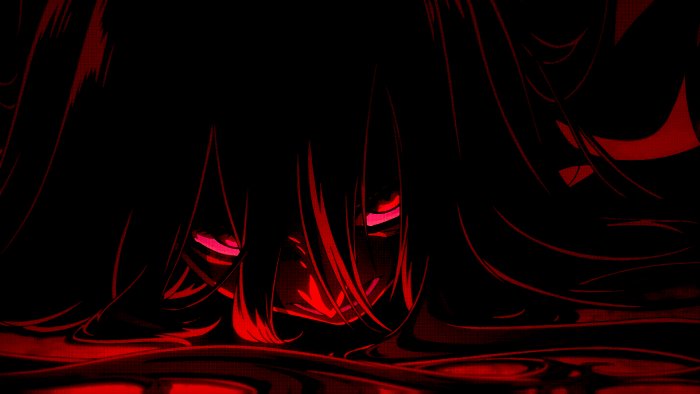 Dark Anime Character with Glowing Red Eyes