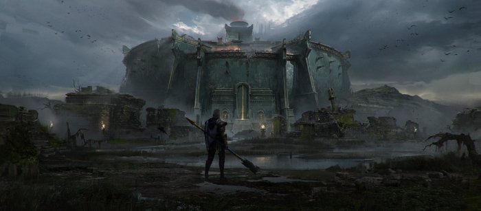 Warrior standing before a massive green stone fortress