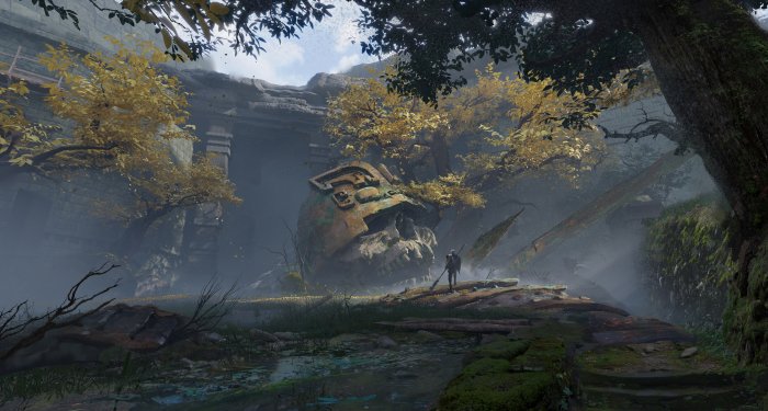 Warrior standing before a giant helmeted skull in ruins