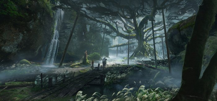 Warrior on a wooden bridge near a giant tree