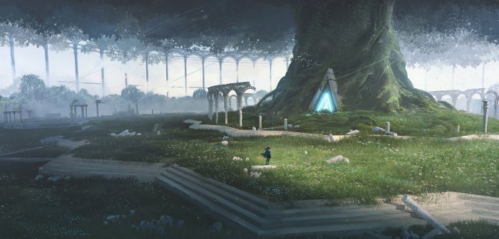 Traveler standing before a giant tree with glowing portal