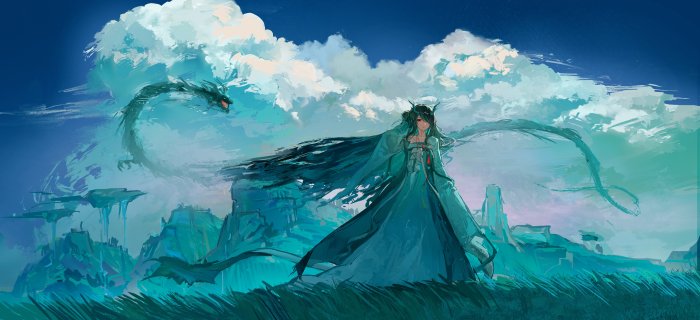 Dusk from Arknights with Dragon in Fantasy Landscape