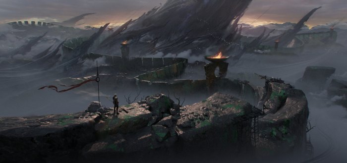 Lone Warrior Overlooking Misty Fantasy Fortress by Liang Shengyu