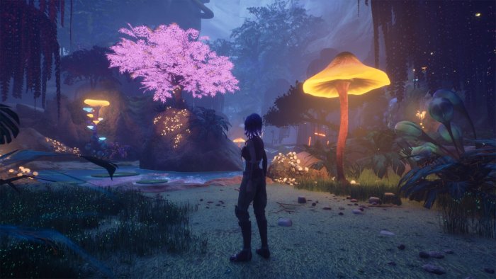 Female character in bioluminescent forest from Sunward