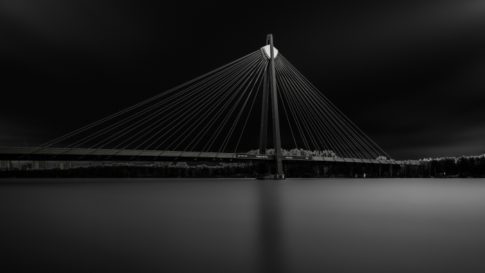 Black and White Cable Stayed Bridge Over Water