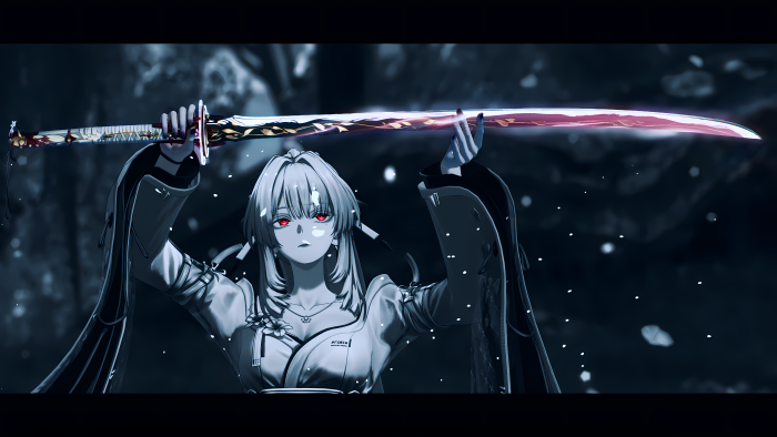 Lucia Crimson Weaver holding katana from Punishing Gray Raven