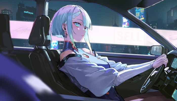 Lucy from Cyberpunk Edgerunners driving a car
