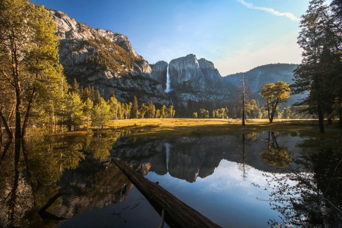 Yosemite Valley and Waterfall Reflected in Calm Water