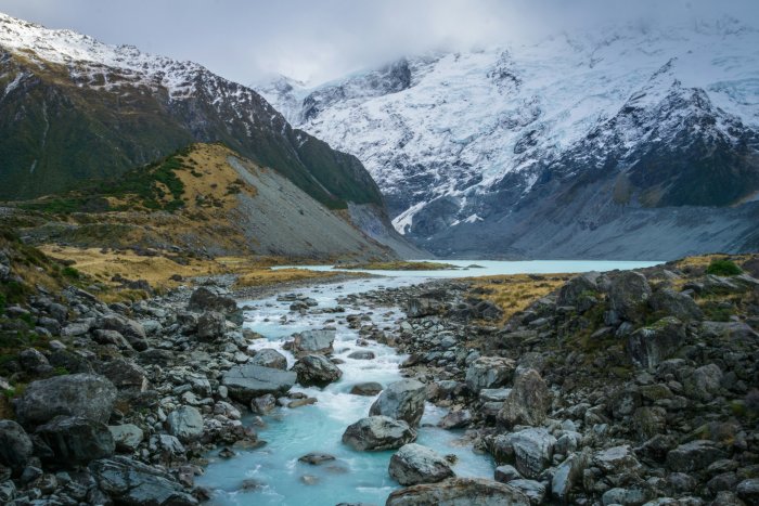 Glacial River and Snow Capped Mountains in Hooker Valley