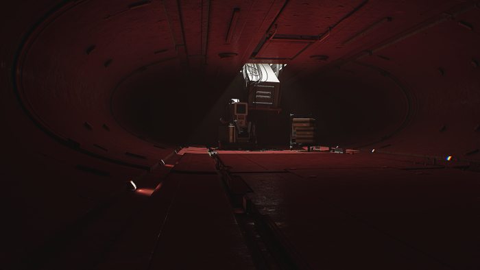 Retro-futuristic computer terminal in a red sci-fi corridor