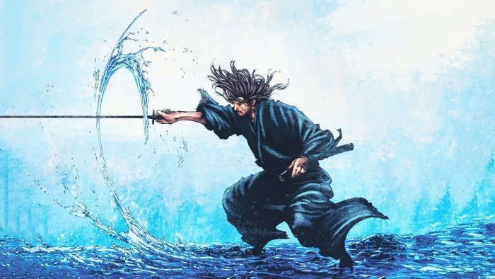 Miyamoto Musashi from Vagabond slashing water with a katana