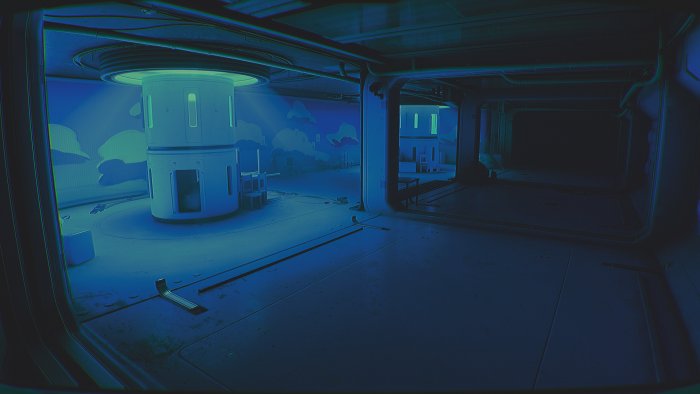 Futuristic laboratory room with cloud murals in Cyberpunk 2077
