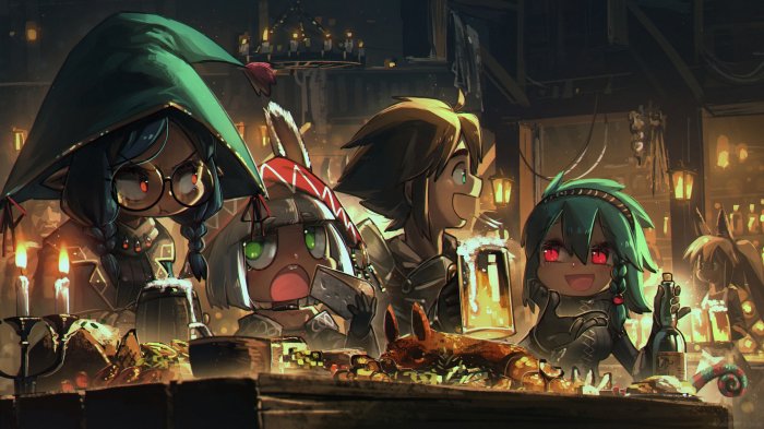 Anime adventurers enjoying a feast in a cozy tavern