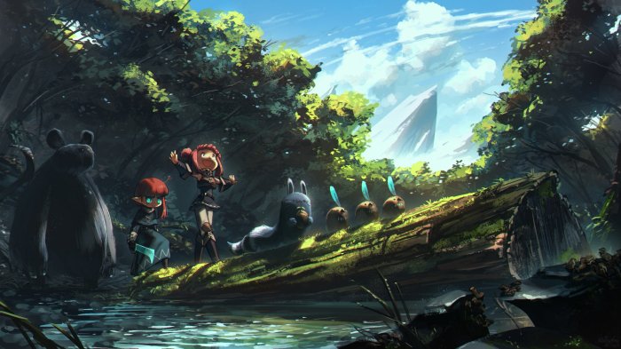 Fantasy Adventurers and Creatures Crossing a Mossy Log