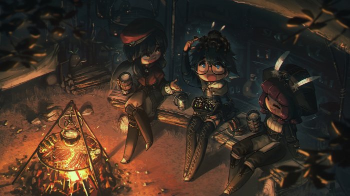 Chibi adventurers relaxing around a cozy campfire