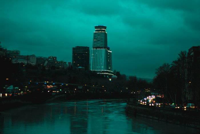 Teal City Skyline at Night with River