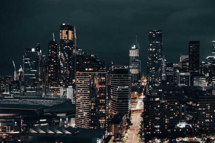 Melbourne city skyline at night with illuminated skyscrapers