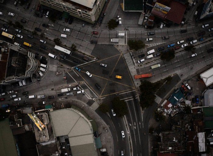 Aerial View of a Busy City Intersection