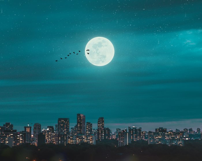 Full Moon Over City Skyline at Night