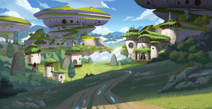 Fantasy Village with Giant Mushroom Structures
